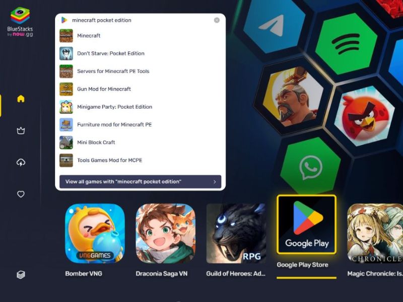 Gõ từ khóa “Minecraft” để tìm game trên BlueStacks