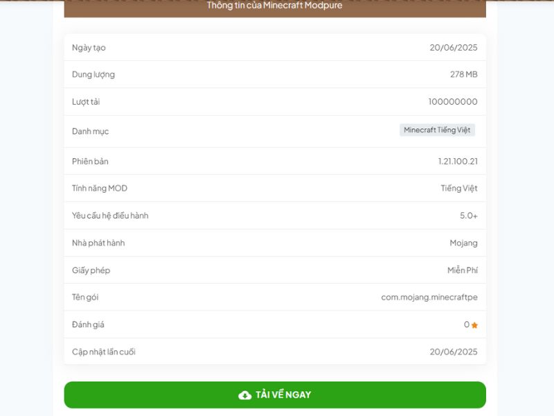 Nhấn nút "Tải về" để tải Minecraft Modpure