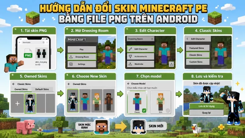 Các bước đổi skin Minecraft PE bằng file PNG trong Dressing Room.