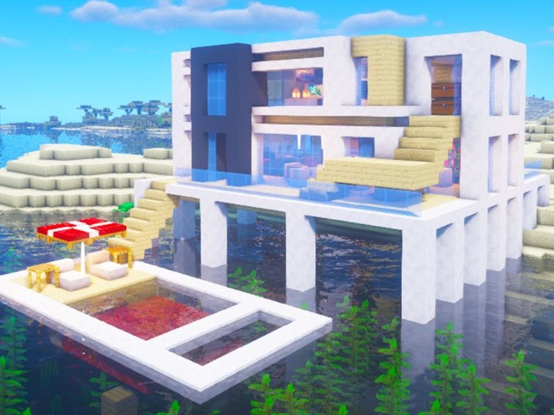 Mẫu Nhà Biệt Thự Hồ Bơi Trong Minecraft 