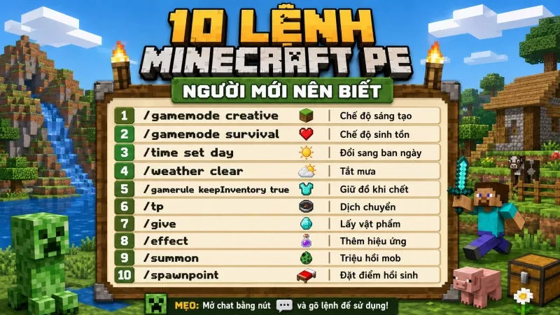 10 lệnh Minecraft PE người mới nên biết.