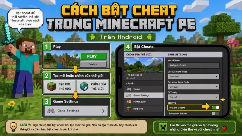 Cách bật cheat trong Minecraft PE trên Android