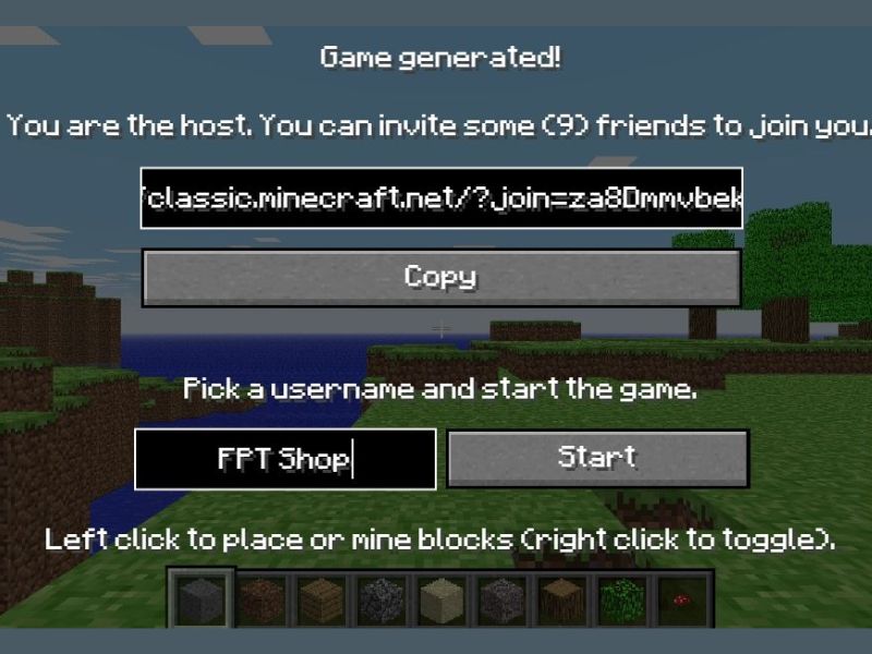 Nhấn nút Start để bắt đầu chơi Minecraft Classic 