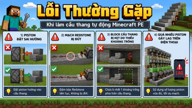 Lỗi thường gặp khi làm cầu thang tự động Minecraft PE gồm piston sai hướng, mạch đứt và block bị kẹt.