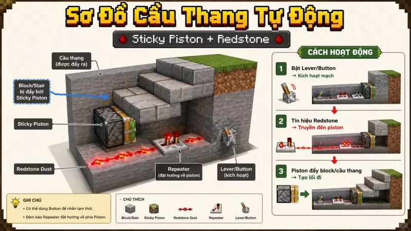 Sơ đồ làm cầu thang tự động Minecraft PE bằng Sticky Piston và Redstone.