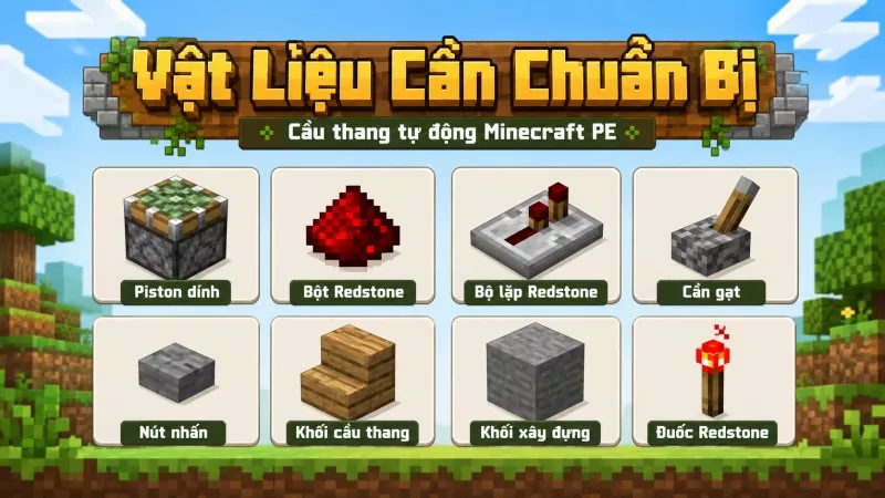 Vật liệu làm cầu thang tự động Minecraft PE gồm Sticky Piston, Redstone Dust, Repeater, Lever và Stair Block.