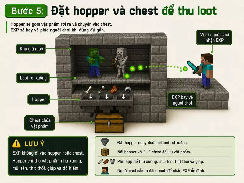 Đặt hopper và chest để thu loot