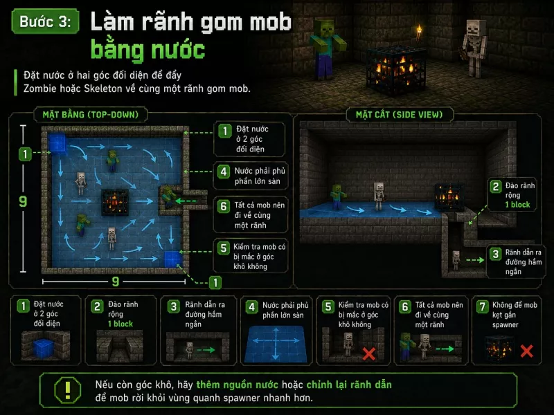 Làm rãnh gom mob bằng nước