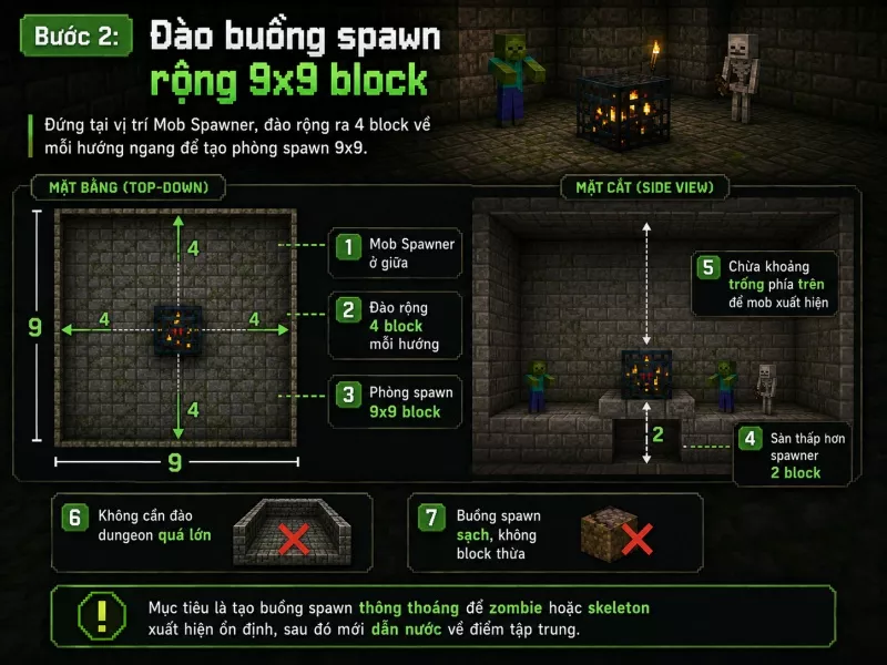 Đào buồng spawn rộng 9x9 block