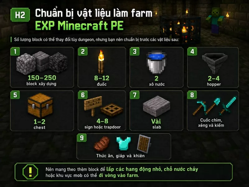 Chuẩn bị vật liệu làm farm EXP Minecraft PE